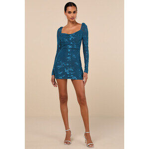 Lulus Sultry Occasion Dark Teal Mesh Floral Long Sleeve Mini Dress Blue - Size S